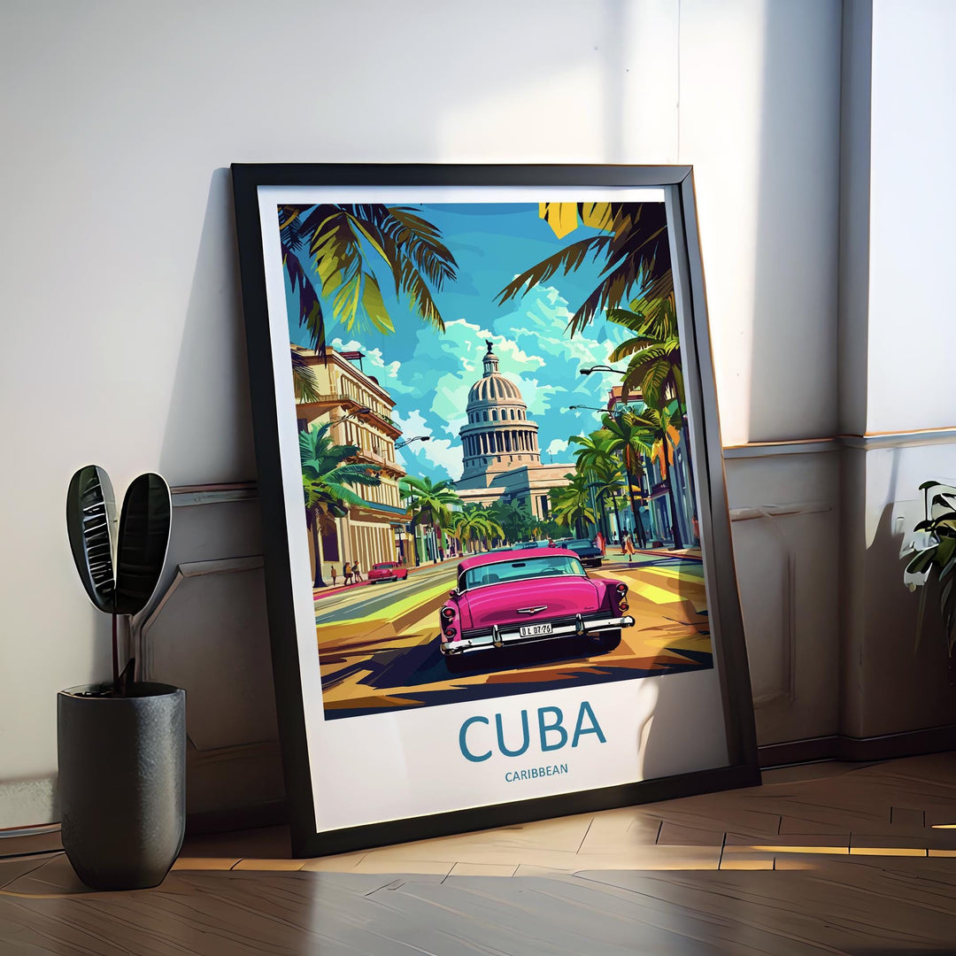 Cuba Cartoon Travel Poster Caribbean Wall Art Island Street Print Colorful Architecture Illustration Cuba Decor Vintage Gift Souvenir