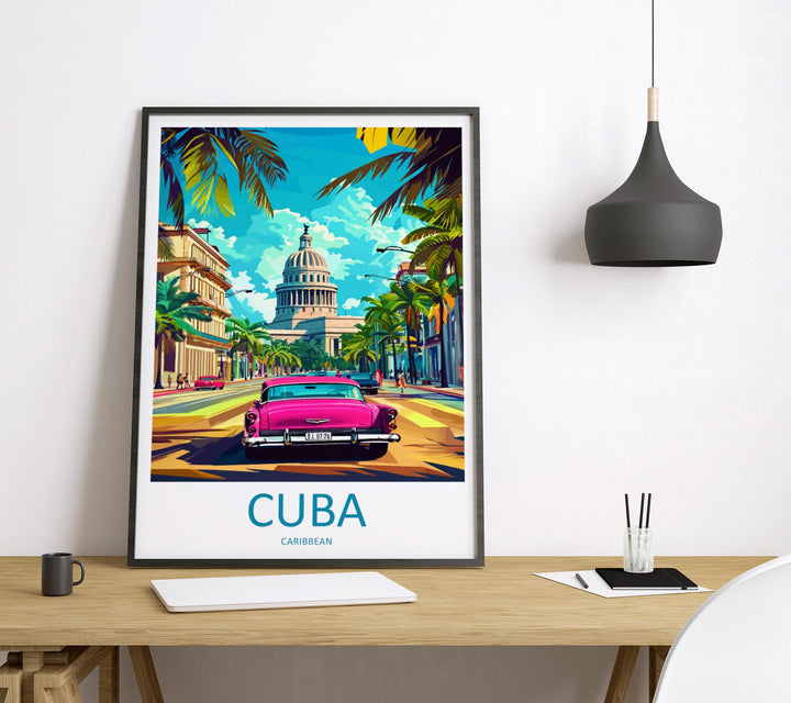 Cuba Cartoon Travel Poster Caribbean Wall Art Island Street Print Colorful Architecture Illustration Cuba Decor Vintage Gift Souvenir