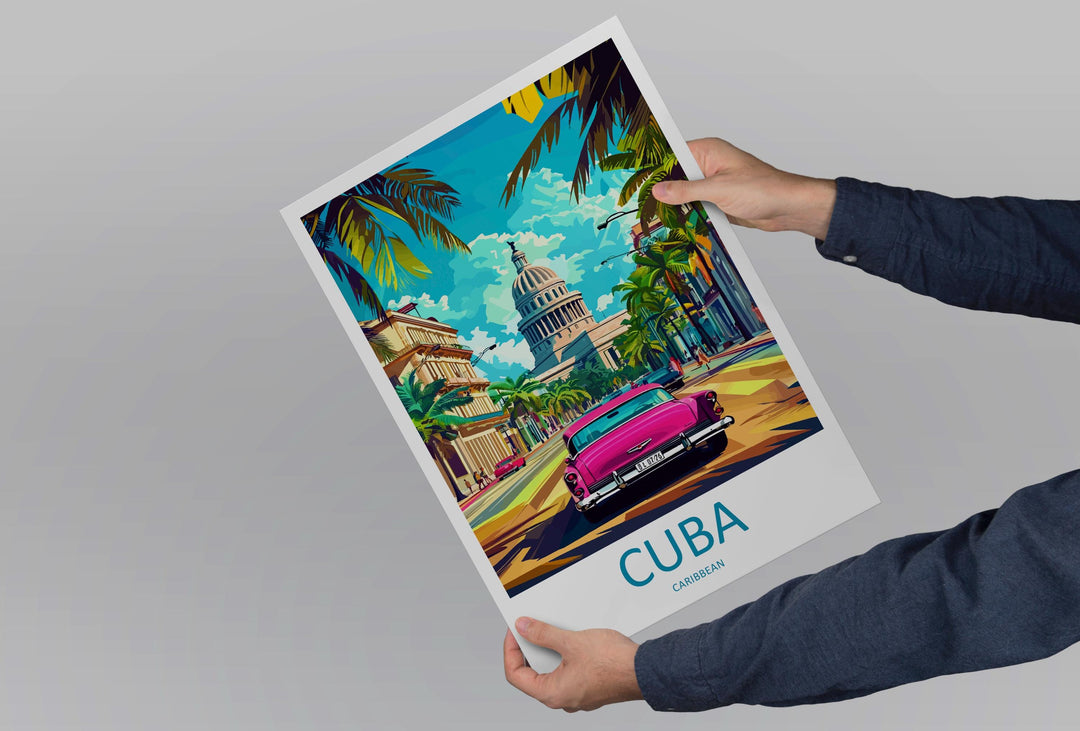 Cuba Cartoon Travel Poster Caribbean Wall Art Island Street Print Colorful Architecture Illustration Cuba Decor Vintage Gift Souvenir