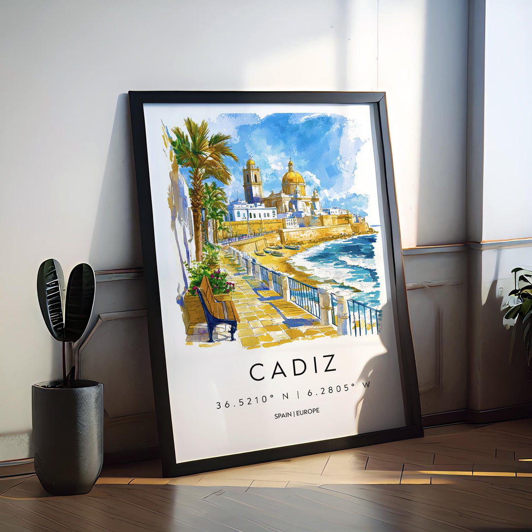 Cadiz Watercolor Poster Cadiz Travel Print Spain Wall Art Cadiz Decor Coastal City Scene Cathedral Beach Spanish View Seaside Landscape