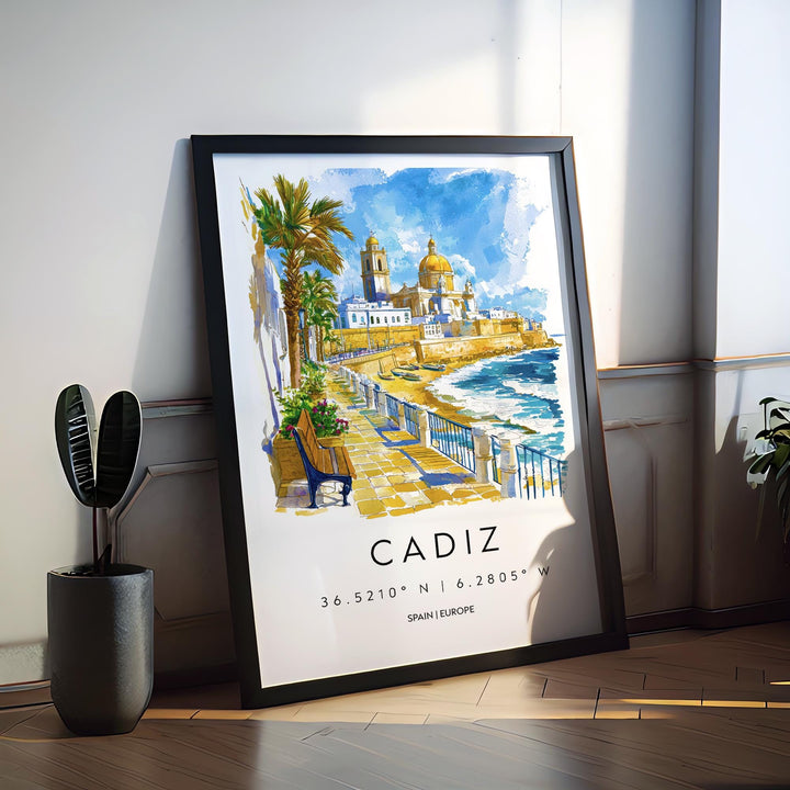 Cadiz Watercolor Poster Cadiz Travel Print Spain Wall Art Cadiz Decor Coastal City Scene Cathedral Beach Spanish View Seaside Landscape