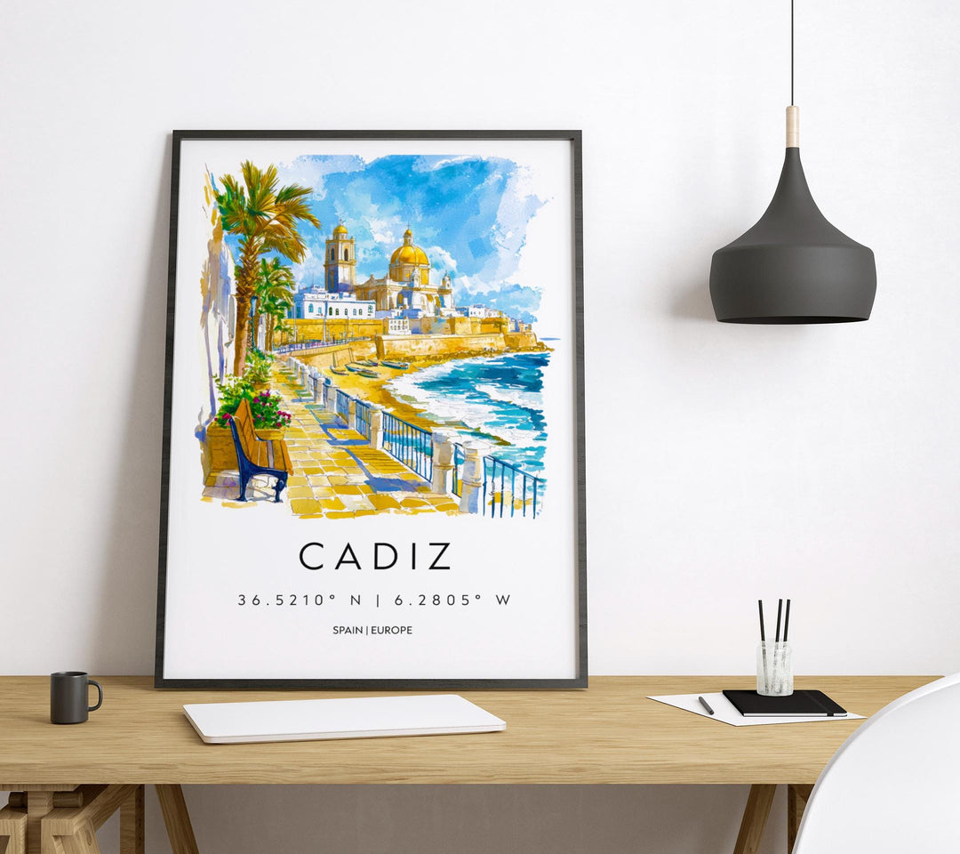 Cadiz Watercolor Poster Cadiz Travel Print Spain Wall Art Cadiz Decor Coastal City Scene Cathedral Beach Spanish View Seaside Landscape