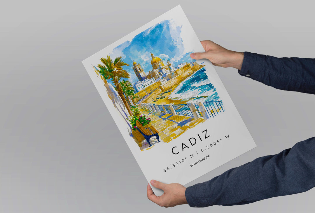 Cadiz Watercolor Poster Cadiz Travel Print Spain Wall Art Cadiz Decor Coastal City Scene Cathedral Beach Spanish View Seaside Landscape