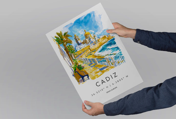 Cadiz Watercolor Poster Cadiz Travel Print Spain Wall Art Cadiz Decor Coastal City Scene Cathedral Beach Spanish View Seaside Landscape