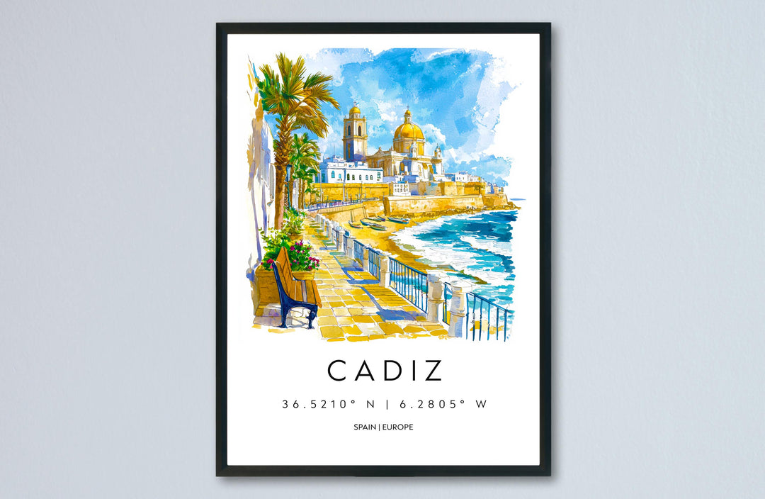 Cadiz Watercolor Poster Cadiz Travel Print Spain Wall Art Cadiz Decor Coastal City Scene Cathedral Beach Spanish View Seaside Landscape
