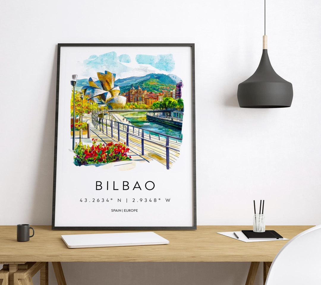 Bilbao Watercolor Poster Bilbao Travel Print Spain Wall Art Bilbao Decor Guggenheim Scene River City View Basque Country Landscape Print