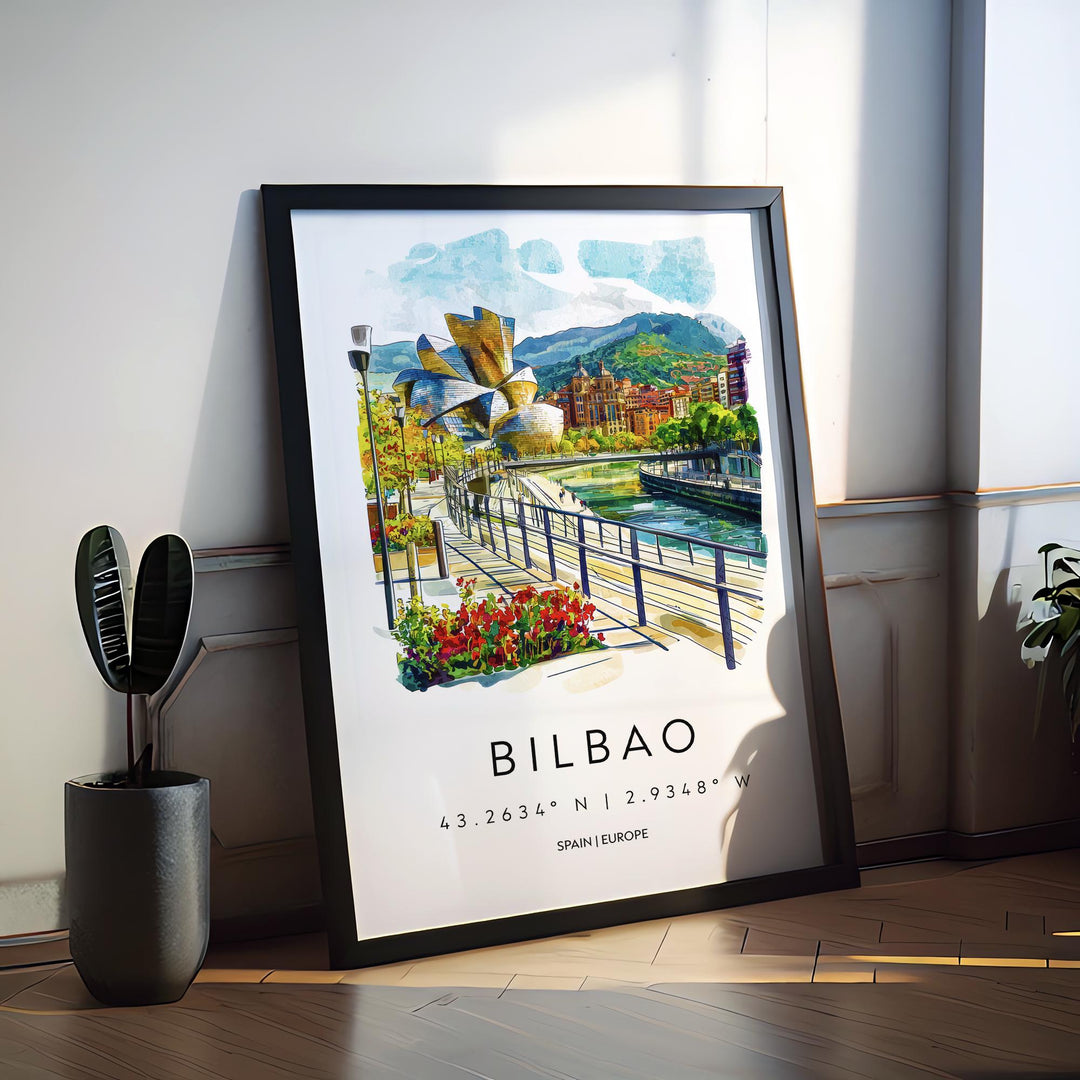 Bilbao Watercolor Poster Bilbao Travel Print Spain Wall Art Bilbao Decor Guggenheim Scene River City View Basque Country Landscape Print