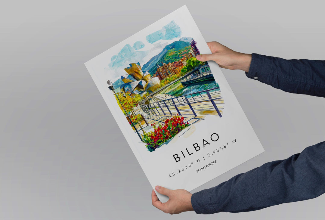 Bilbao Watercolor Poster Bilbao Travel Print Spain Wall Art Bilbao Decor Guggenheim Scene River City View Basque Country Landscape Print