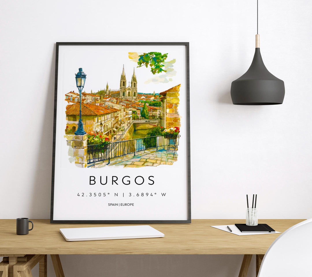 Burgos Watercolor Poster Burgos Travel Print Spain Wall Art Burgos Decor Cathedral Scene Historic City View Spanish Architecture Print