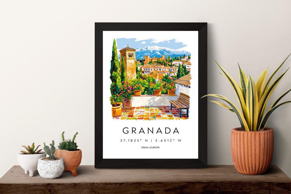 Granada Watercolor Poster Granada Travel Print Spain Wall Art Granada Decor Alhambra Scene Historic City View Andalusia Landscape Print