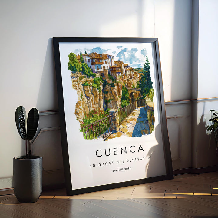 Cuenca Watercolor Poster Cuenca Travel Print Spain Wall Art Cuenca Decor Hanging Houses Scene Historic City View Cliffside Landscape Print
