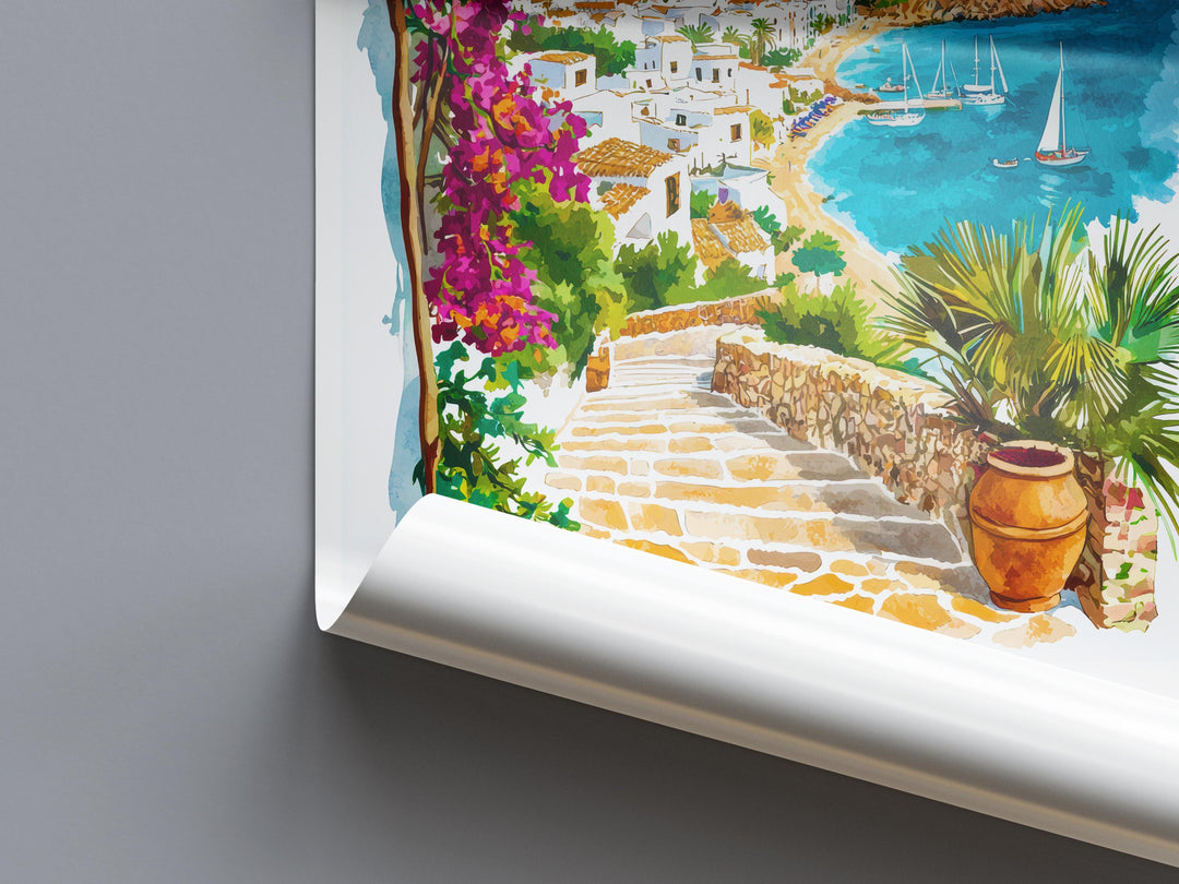 Ibiza Watercolor Poster Ibiza Travel Print Spain Wall Art Ibiza Decor Coastal Scene Sunset Beach View Balearic Island Landscape Print