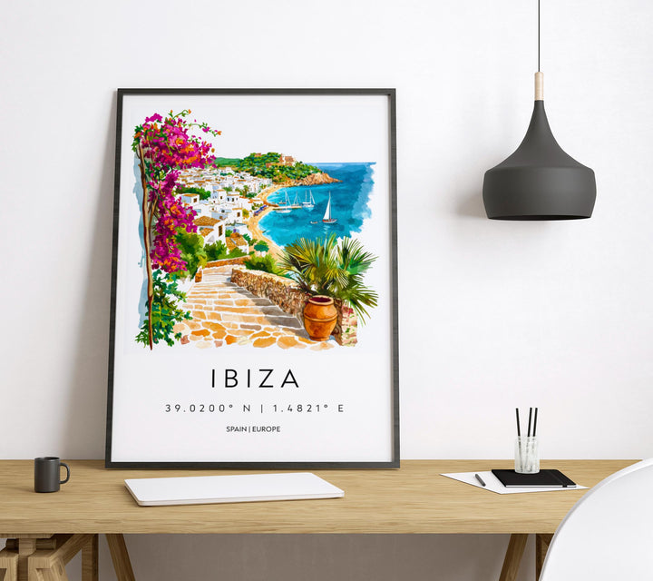 Ibiza Watercolor Poster Ibiza Travel Print Spain Wall Art Ibiza Decor Coastal Scene Sunset Beach View Balearic Island Landscape Print