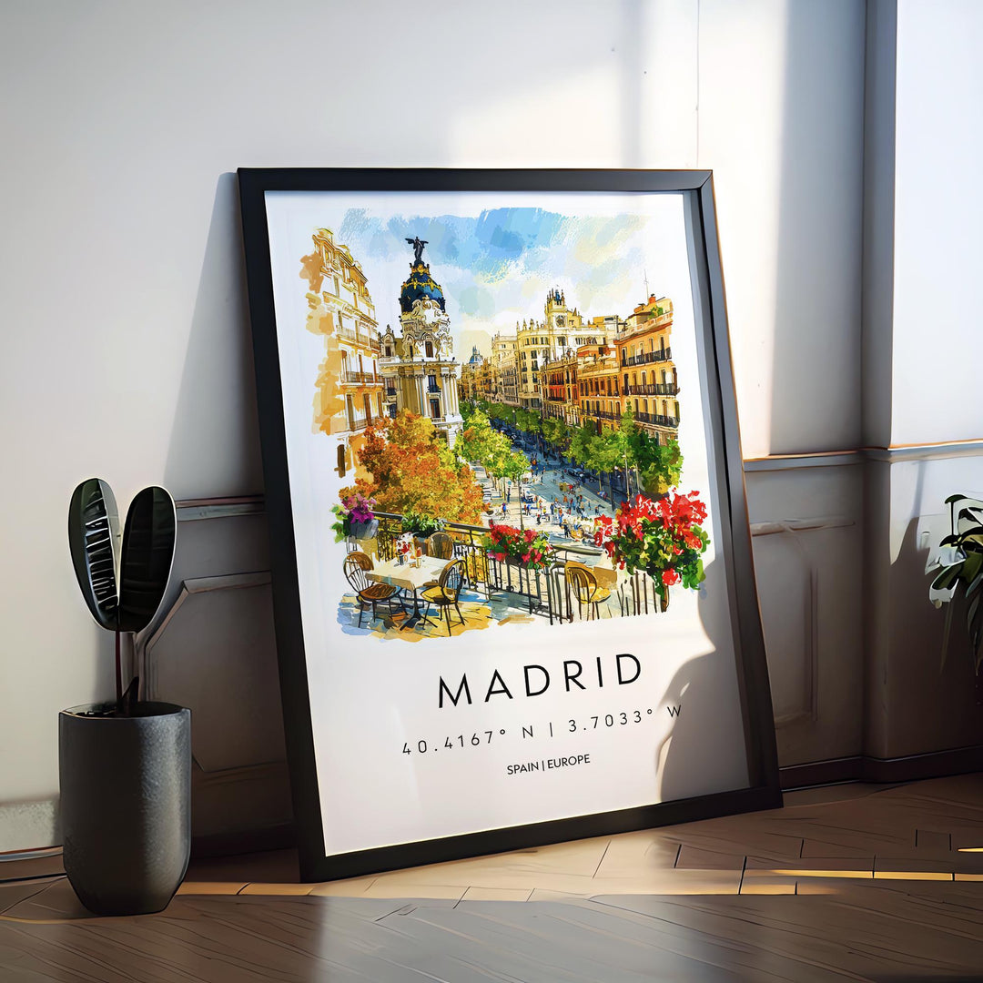 Madrid Watercolor Poster Madrid Travel Print Spain Wall Art Madrid Decor Historic City Scene Plaza View Spanish Architecture Landscape