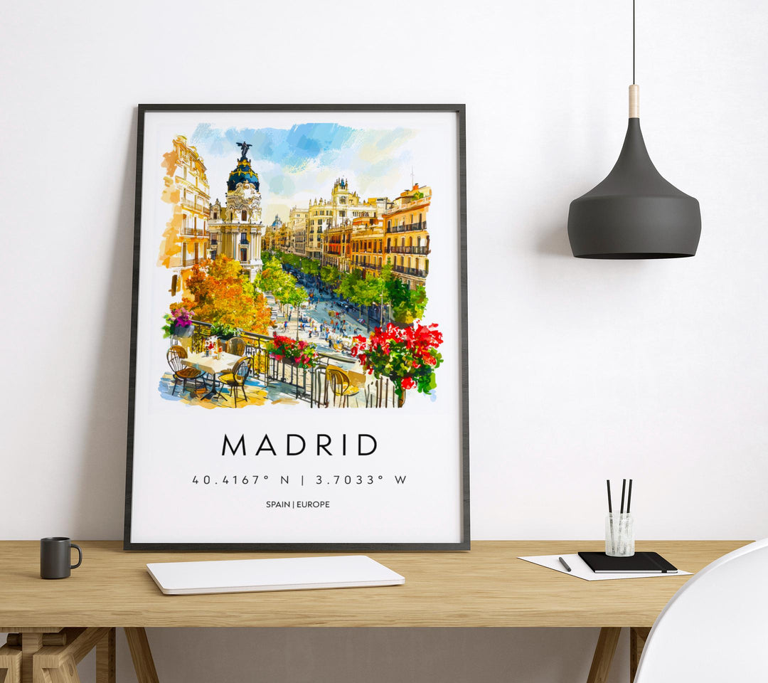 Madrid Watercolor Poster Madrid Travel Print Spain Wall Art Madrid Decor Historic City Scene Plaza View Spanish Architecture Landscape