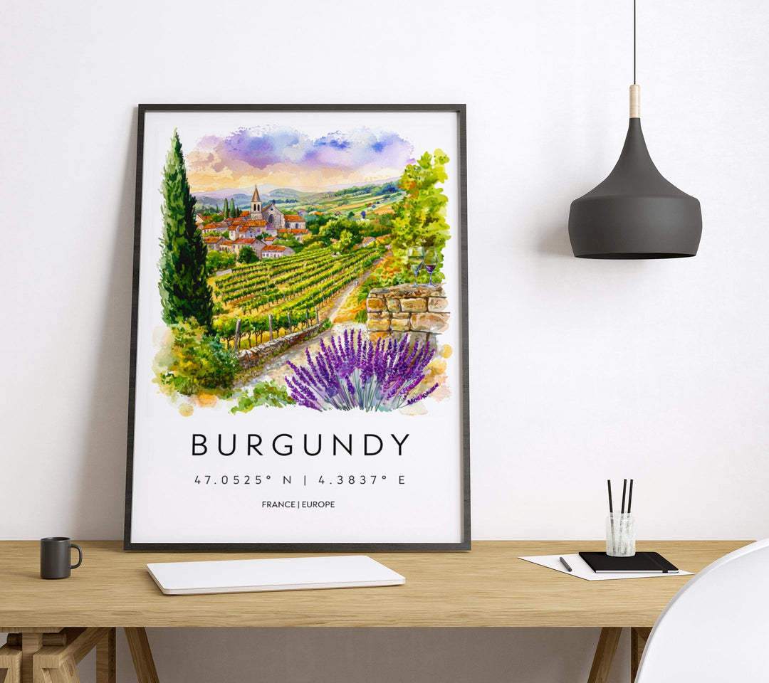Burgundy Watercolor Poster Burgundy Travel Print France Wall Art Burgundy Decor Vineyard Scene Countryside View Wine Region Print