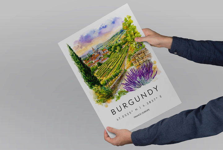 Burgundy Watercolor Poster Burgundy Travel Print France Wall Art Burgundy Decor Vineyard Scene Countryside View Wine Region Print
