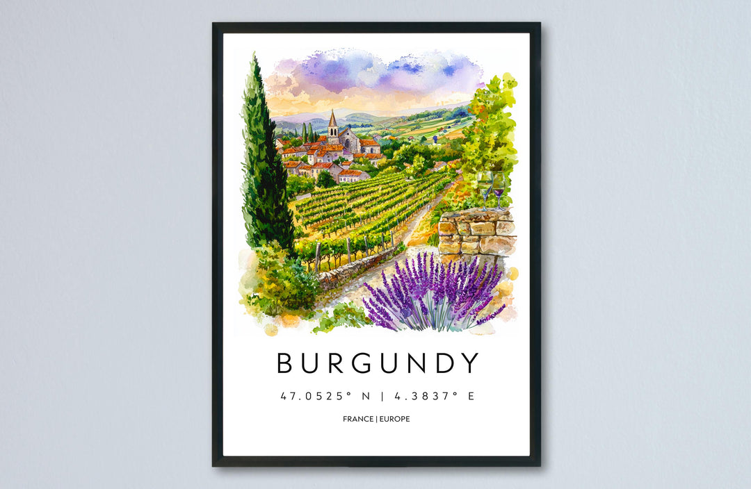 Burgundy Watercolor Poster Burgundy Travel Print France Wall Art Burgundy Decor Vineyard Scene Countryside View Wine Region Print