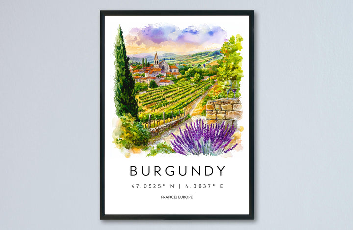 Burgundy Watercolor Poster Burgundy Travel Print France Wall Art Burgundy Decor Vineyard Scene Countryside View Wine Region Print