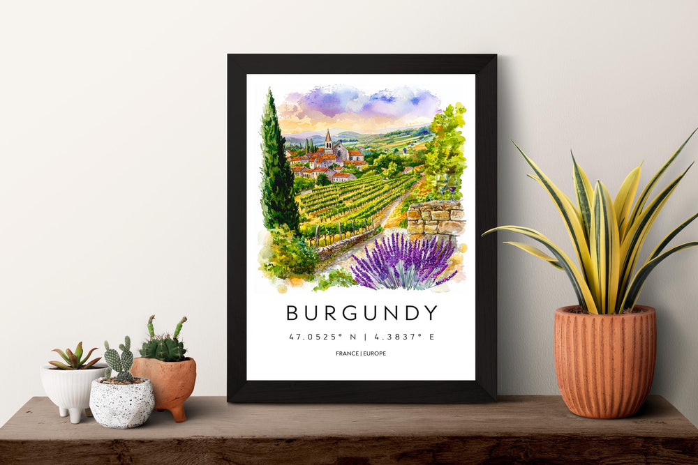 Burgundy Watercolor Poster Burgundy Travel Print France Wall Art Burgundy Decor Vineyard Scene Countryside View Wine Region Print