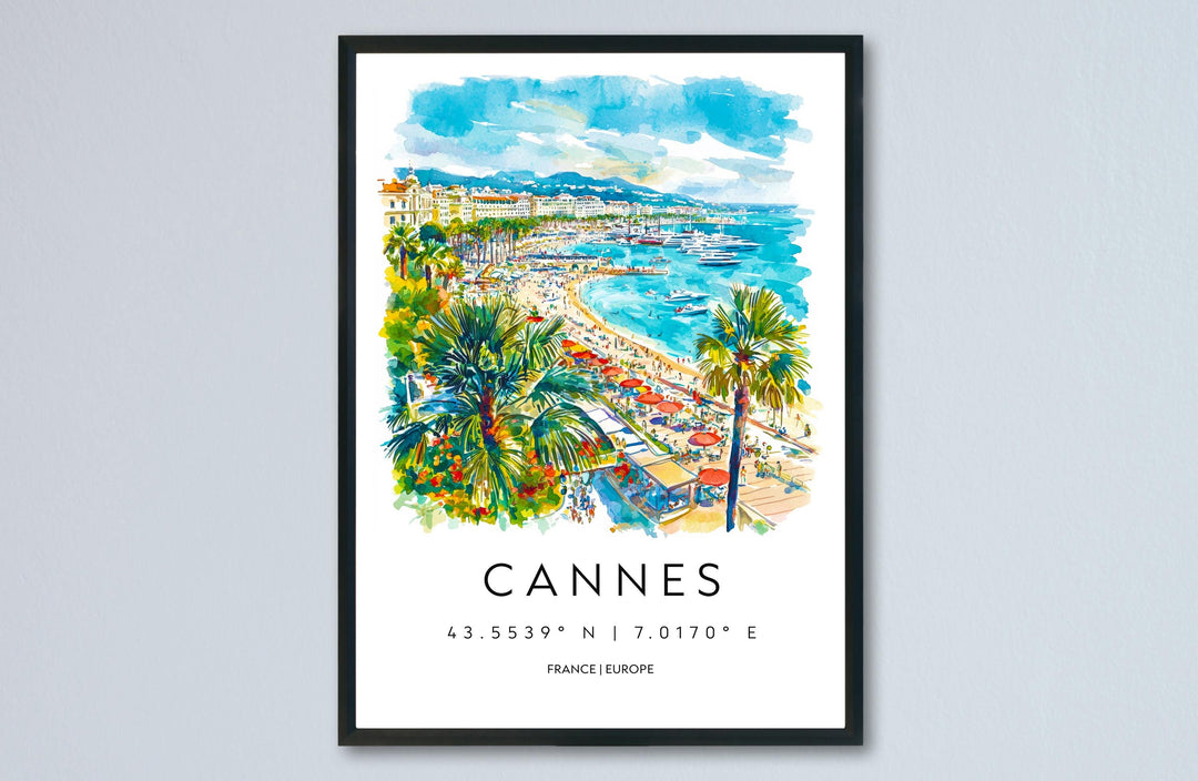 Cannes Watercolor Poster Cannes Travel Print France Wall Art Cannes Decor Riviera Scene Beach View French Coast City Landscape Print