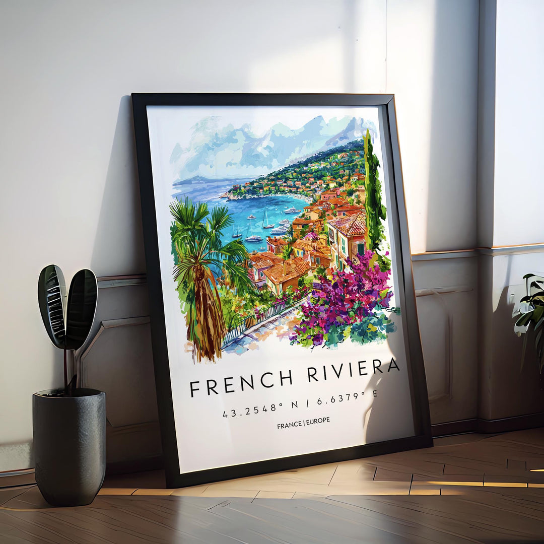 French Riviera Watercolor Poster Travel Print France Wall Art French Riviera Decor Coastal Scene Mediterranean City Beach View Print