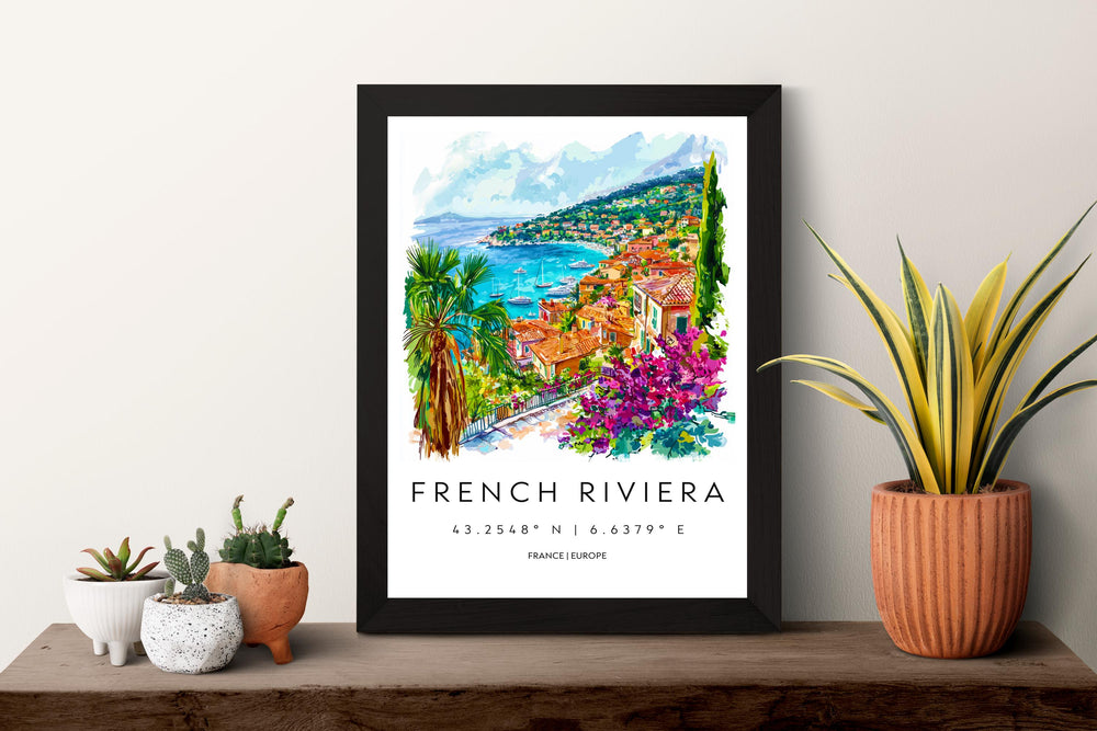 French Riviera Watercolor Poster Travel Print France Wall Art French Riviera Decor Coastal Scene Mediterranean City Beach View Print