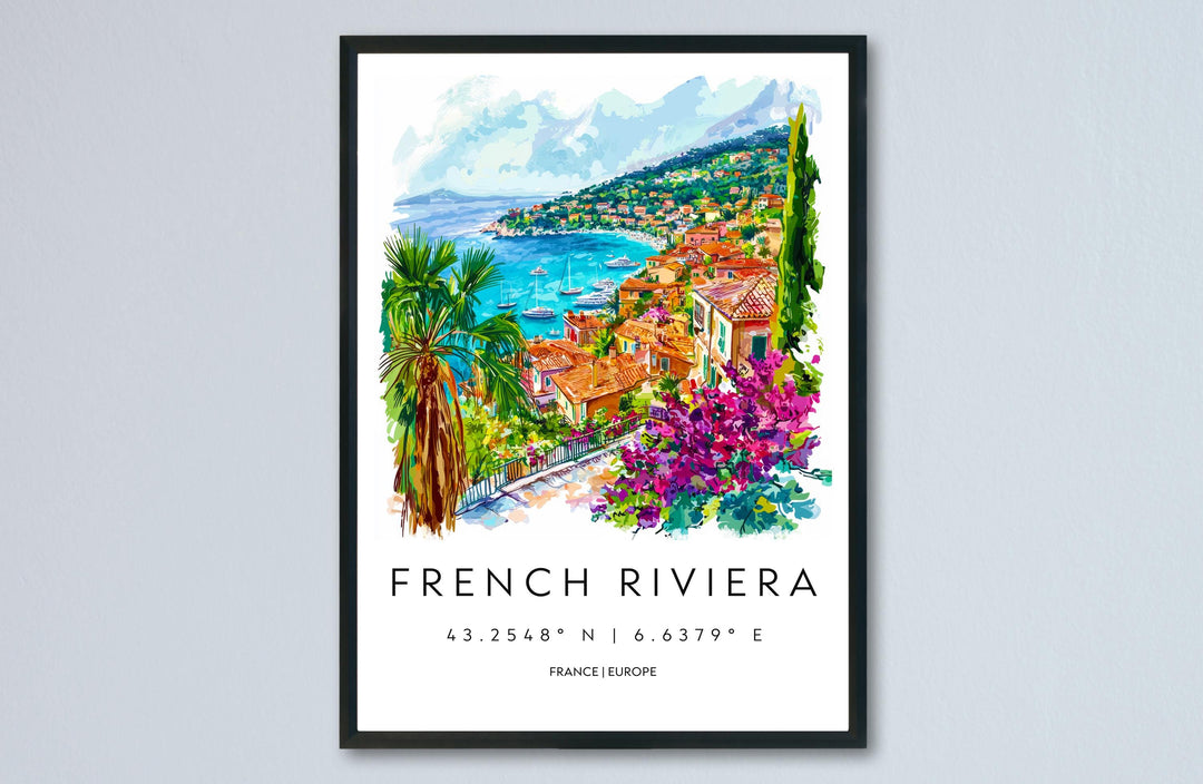 French Riviera Watercolor Poster Travel Print France Wall Art French Riviera Decor Coastal Scene Mediterranean City Beach View Print
