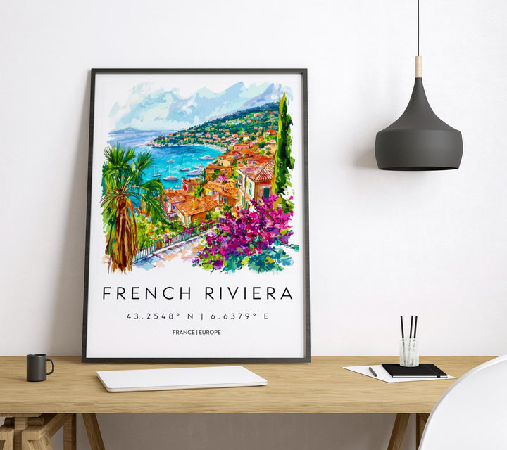 French Riviera Watercolor Poster Travel Print France Wall Art French Riviera Decor Coastal Scene Mediterranean City Beach View Print