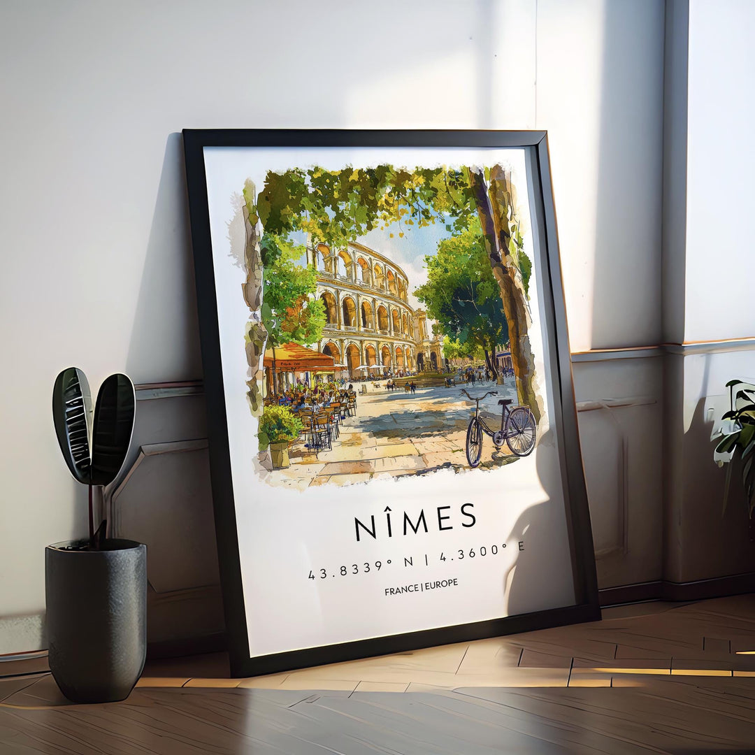 Nimes Watercolor Poster Nimes Wall Art Nimes Travel Print Nimes City Decor Nimes France Painting Nimes Roman Ruins Poster