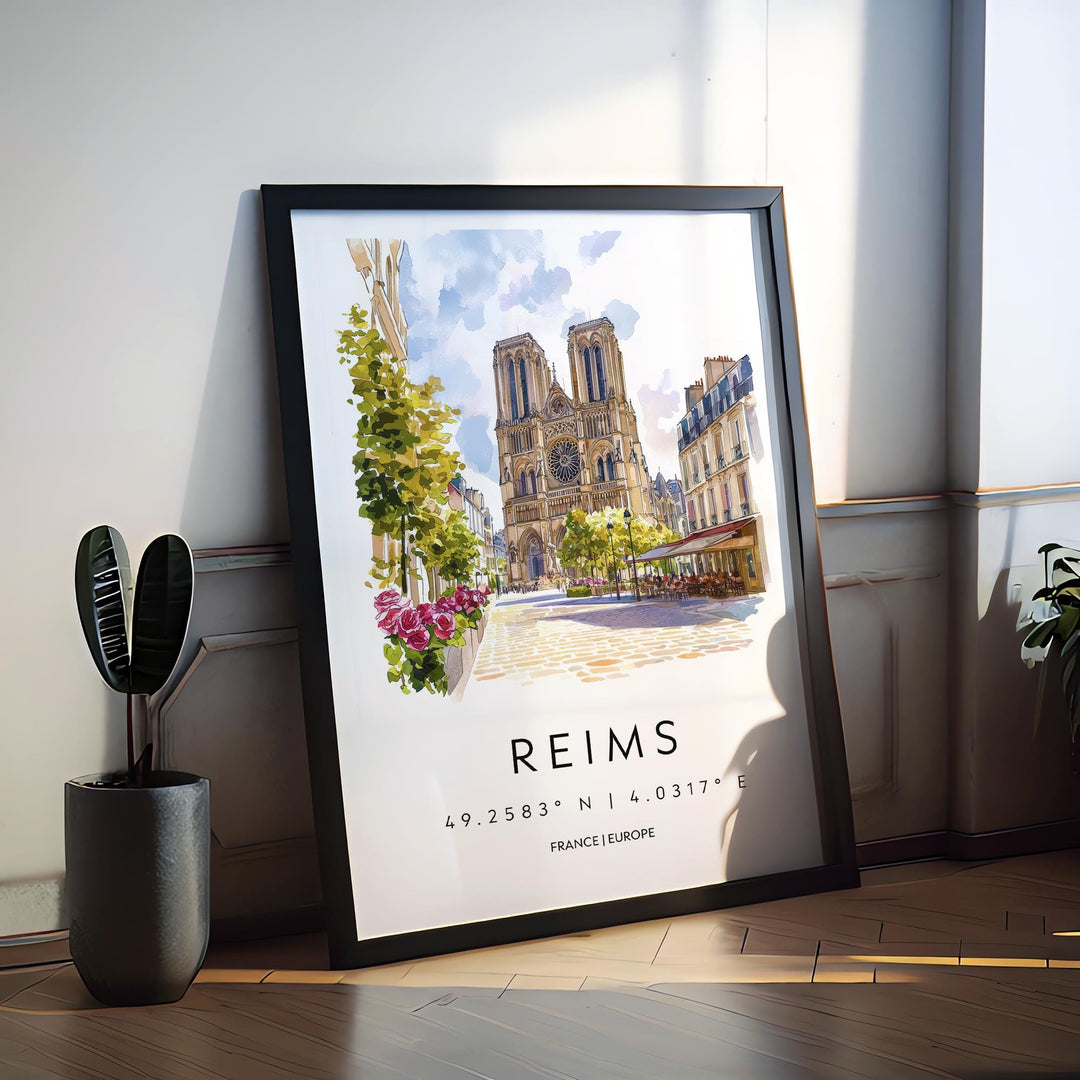 Reims Watercolor Poster Reims Wall Art Reims Travel Print Reims City Decor Reims France Painting Reims Cathedral Poster