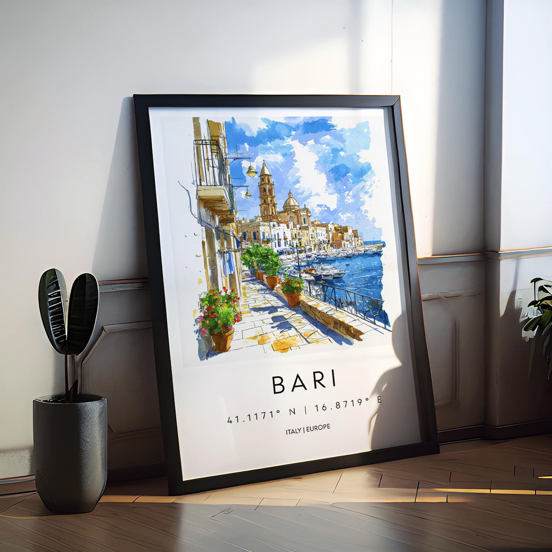 Bari Watercolor Poster Bari Italy Travel Print Wall Art Bari Home Decor Bari Gift Art Lovers Italy Art Bari Port Cityscape