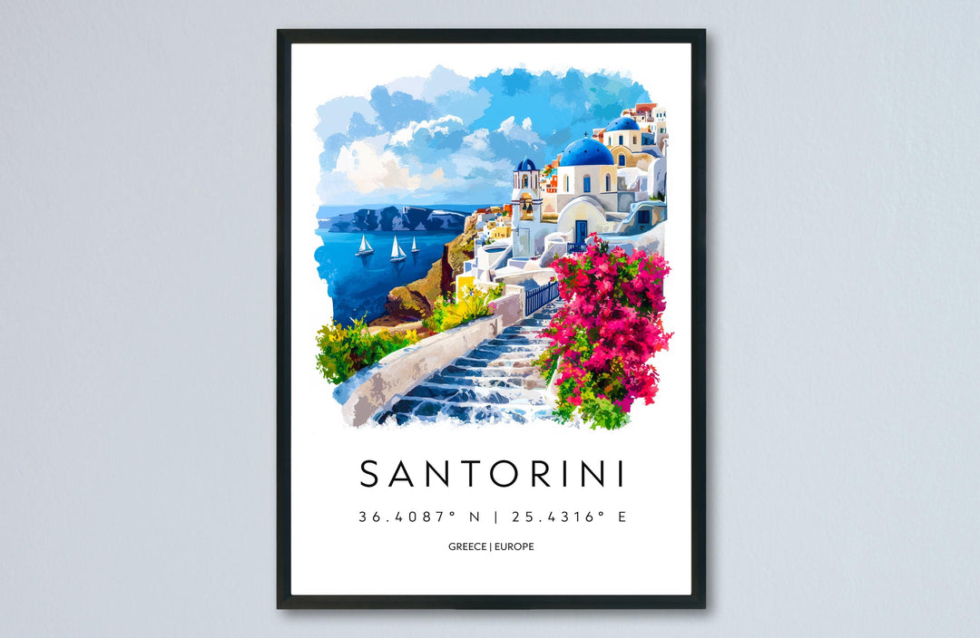 Santorini Watercolor Poster Santorini Greece Travel Print Wall Art Santorini Home Decor Santorini Gift Art Lovers Greece Art Santorini