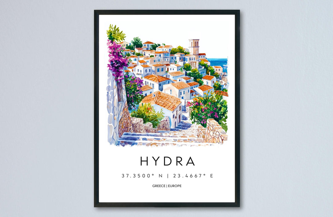 Hydra Watercolor Poster Hydra Greece Travel Print Wall Art Hydra Home Decor Hydra Gift Art Lovers Greece Art Hydra Island View