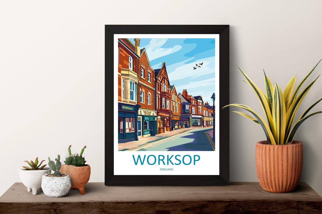 Worksop Travel Poster England Wall Art Market Town Print Historic Street Illustration Sherwood Forest Decor Worksop Gift Souvenir