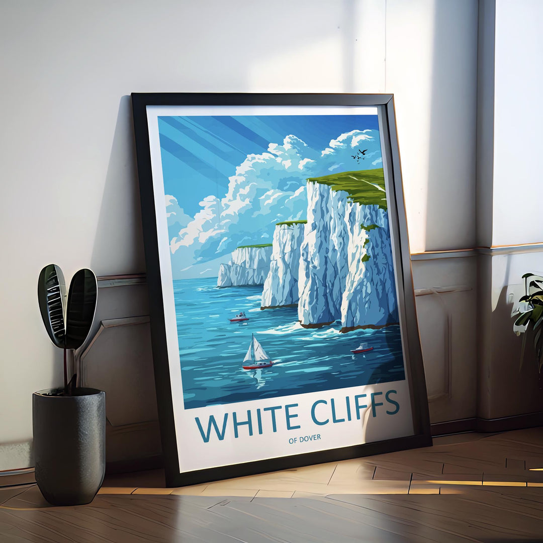 White Cliffs of Dover Travel Poster England Wall Art Coastal Landscape Print Chalk Cliff Illustration Dover Decor Souvenir Gift