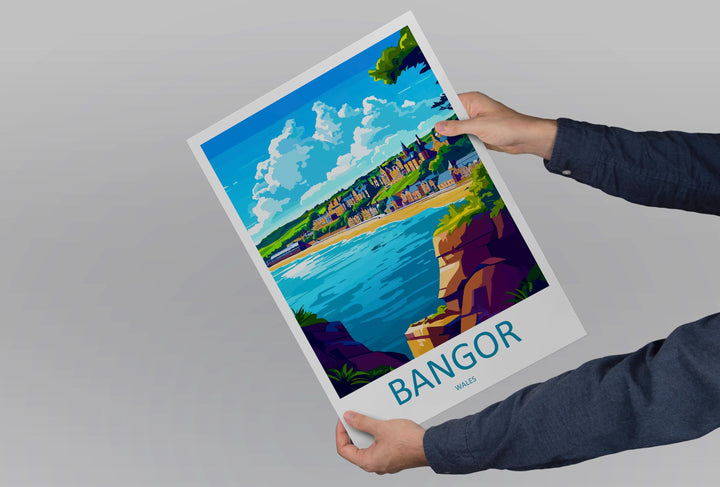 Bangor Travel Poster Wales Wall Art Coastal Town Print Pier View Illustration Menai Strait Decor Bangor City Gift Souvenir Scene