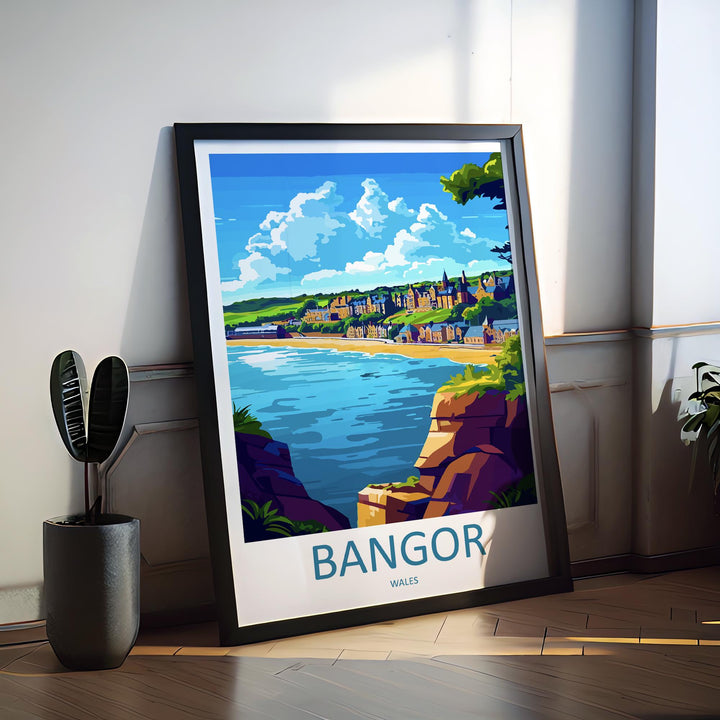 Bangor Travel Poster Wales Wall Art Coastal Town Print Pier View Illustration Menai Strait Decor Bangor City Gift Souvenir Scene