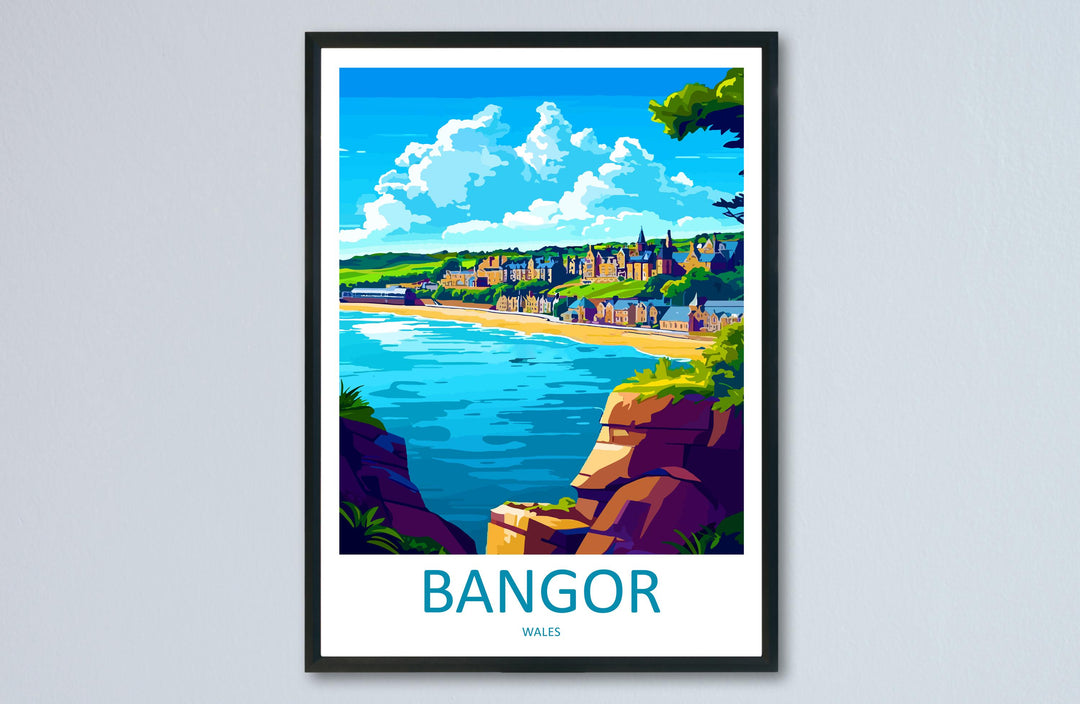 Bangor Travel Poster Wales Wall Art Coastal Town Print Pier View Illustration Menai Strait Decor Bangor City Gift Souvenir Scene