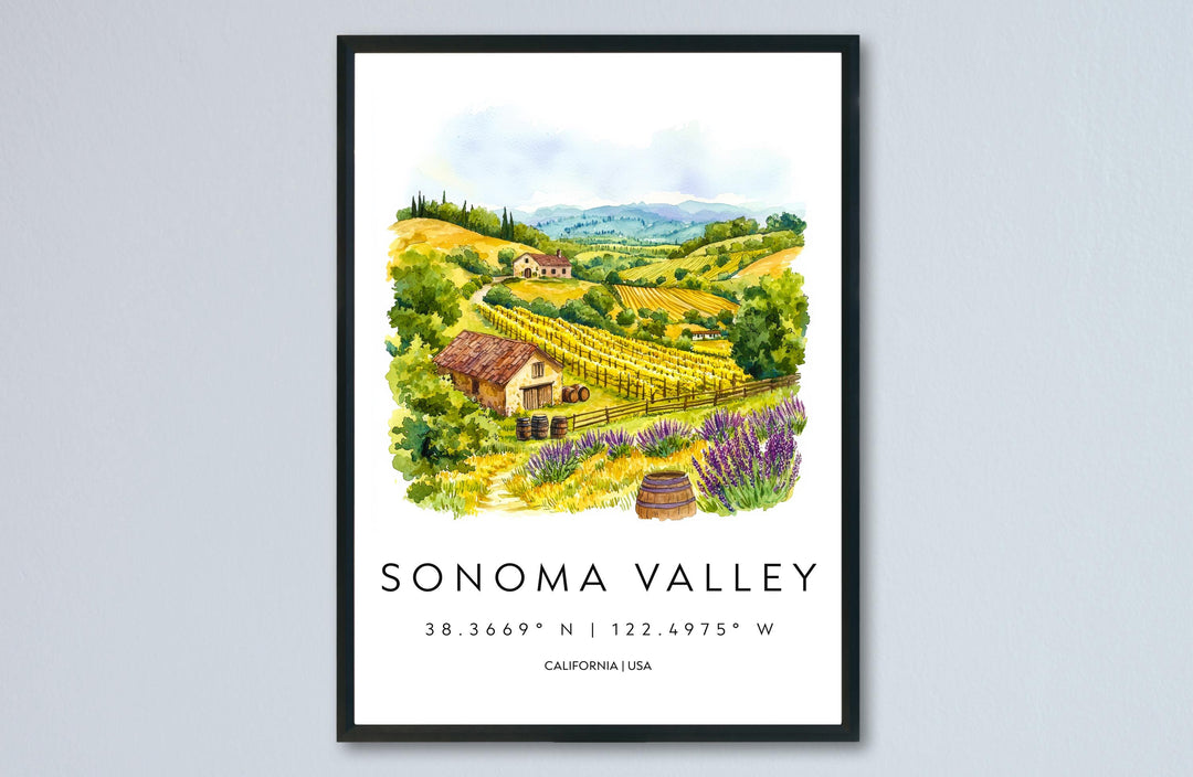 Sonoma Valley Watercolor Poster Sonoma Travel Print California Wall Art Vineyard Painting Wine Country Souvenir Decor