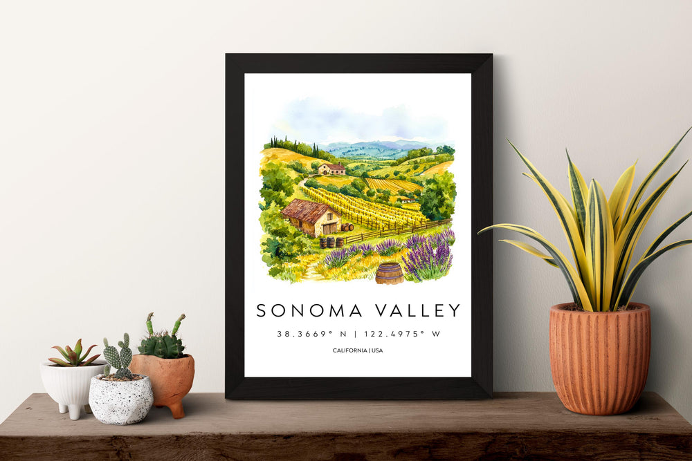 Sonoma Valley Watercolor Poster Sonoma Travel Print California Wall Art Vineyard Painting Wine Country Souvenir Decor