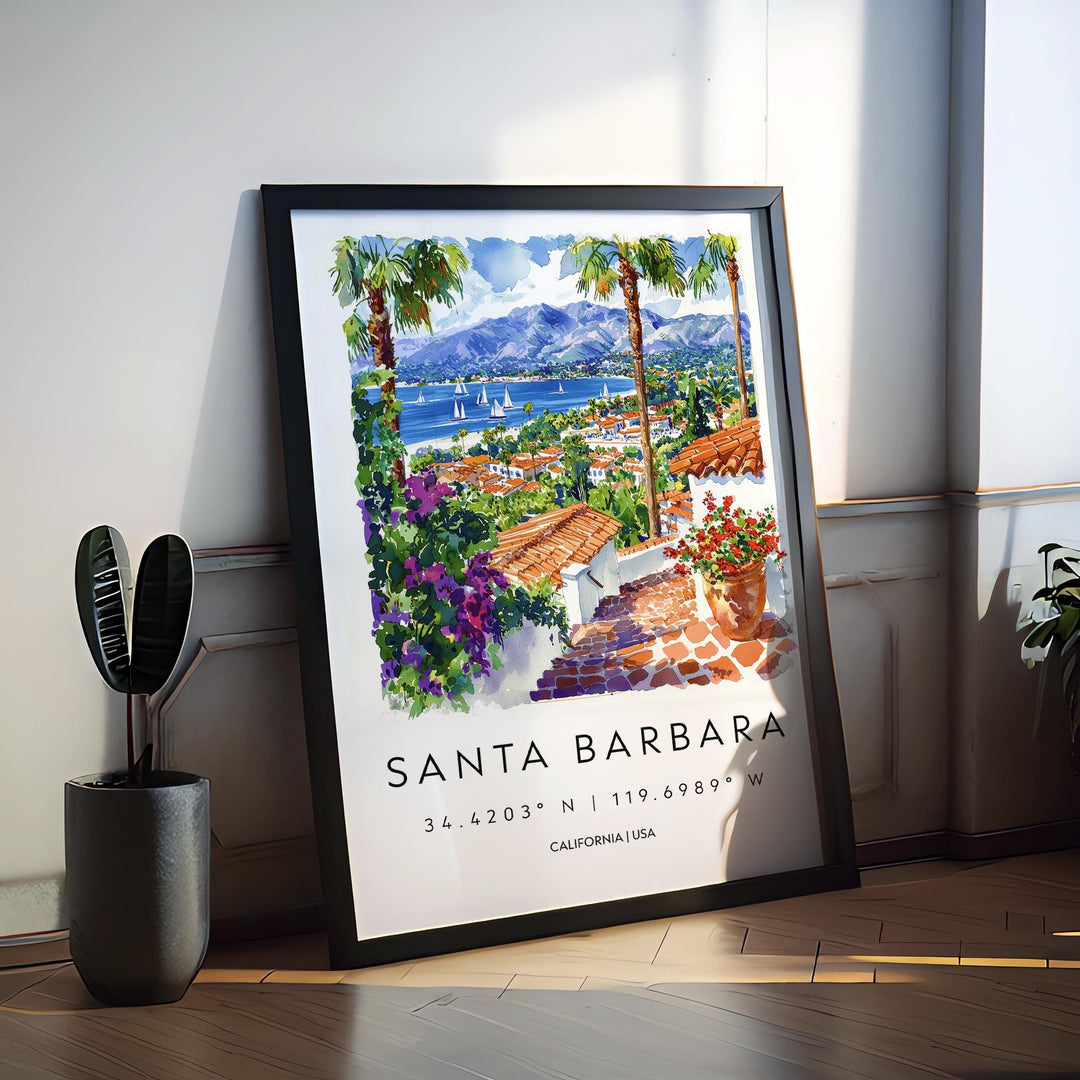 Santa Barbara Watercolor Poster Santa Barbara Travel Print Wall Art California Coast Painting Santa Barbara Decor