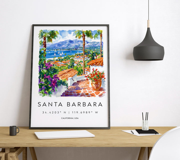 Santa Barbara Watercolor Poster Santa Barbara Travel Print Wall Art California Coast Painting Santa Barbara Decor
