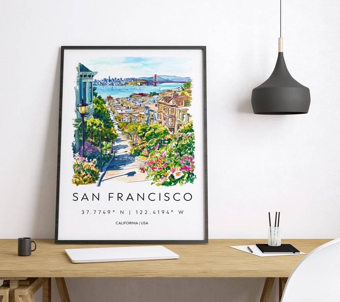 San Francisco Watercolor Poster San Francisco Travel Print California Wall Art Cityscape Painting SF Souvenir Decor