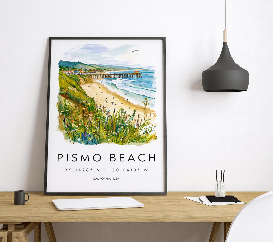 Pismo Beach Watercolor Poster Pismo Beach Travel Print California Wall Art Ocean Painting Pismo Beach Souvenir Decor
