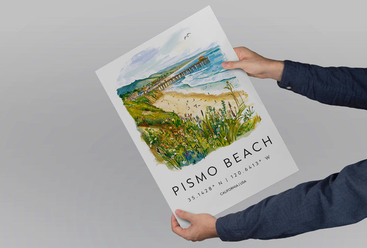 Pismo Beach Watercolor Poster Pismo Beach Travel Print California Wall Art Ocean Painting Pismo Beach Souvenir Decor