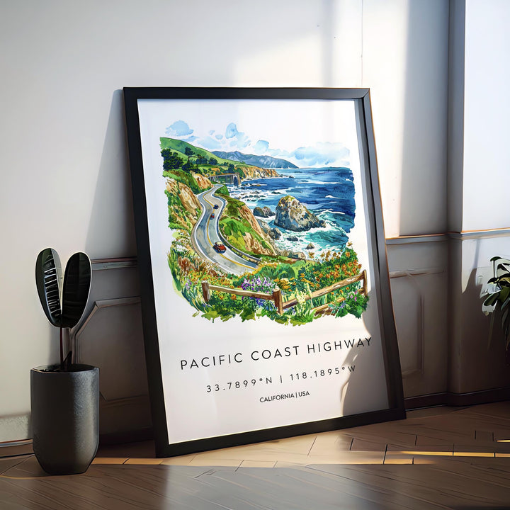 Pacific Coast Highway Watercolor Poster PCH Travel Print California Coast Art Scenic Drive Painting Coastal Decor