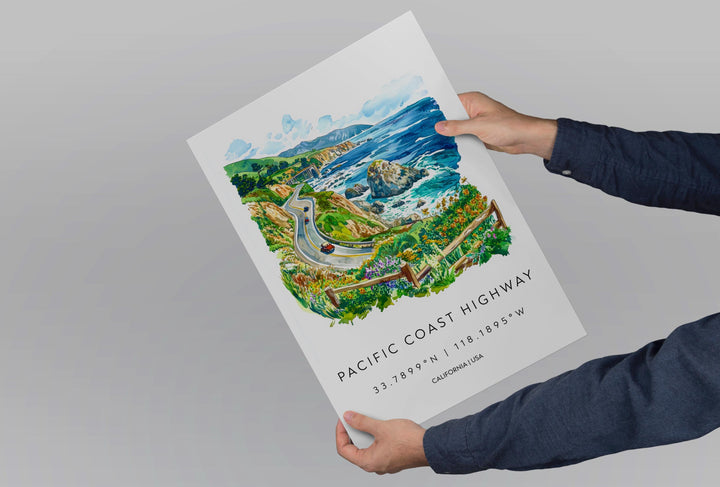 Pacific Coast Highway Watercolor Poster PCH Travel Print California Coast Art Scenic Drive Painting Coastal Decor