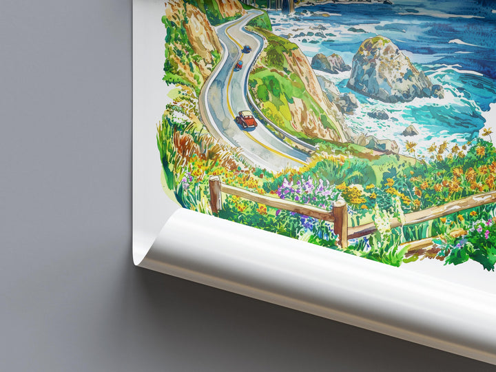 Pacific Coast Highway Watercolor Poster PCH Travel Print California Coast Art Scenic Drive Painting Coastal Decor