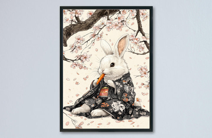 Rabbit Eating Carrot Woodblock Print, Ukiyo-e Japanese Art
